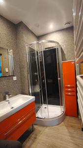 a bathroom with a shower and a sink at TRZY SOWY prywatne pokoje 24h wygodnelokumpl in Bytom +39 photos