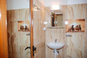 Ein Badezimmer mit Waschbecken und Dusche, an dessen Wand Pferde abgebildet sind. in der Unterkunft Altay Guest House in Lozenets