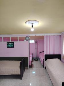 1 dormitorio con 2 camas y paredes de color rosa en Moises, en Ureki