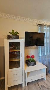 a white cabinet with a tv on top of it at Am Obstgarten in Hinte