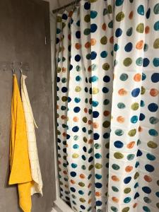 a shower curtain in a bathroom with a curtain at AN Studio in Craiova +18 photos