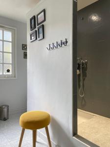a bathroom with a shower and a stool next to a shower at Charmant Mazet en campagne provencale in Châteaurenard +16 photos