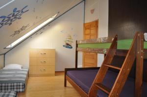 a bedroom with a bunk bed and a bunk ladder at Alevi Holiday Home with Sauna in Tallinn