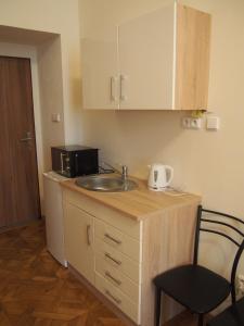 a small kitchen with a sink and a microwave at Museum Inn in Prague