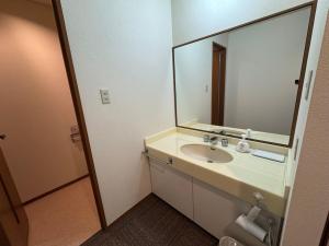 a bathroom with a sink and a large mirror at Jibuzaka Village Hotel in Achi