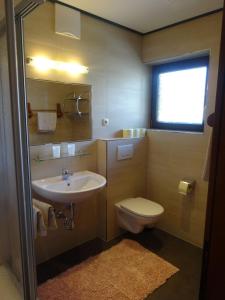 a bathroom with a sink and a toilet and a window at Haus Kieler in Schladming