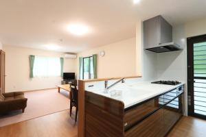 een keuken met een spoelbak en een aanrechtblad bij コテージ鎌倉 in Fujikawaguchiko