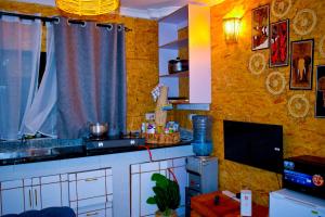 Hakuna Matata Gardens في Migori: مطبخ مع كونتر مع حوض وتلفزيون