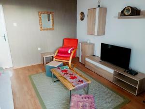 a living room with a red chair and a television at Apartman Petra in Senj