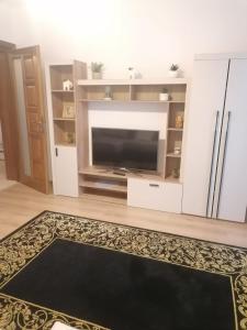 un salon avec une cheminée et une télévision dans l'établissement Escapadă urbană, confort, curte privată și parcare, à Piatra Neamţ