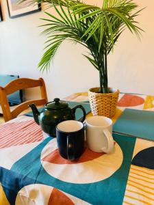 einem Tisch mit zwei Tassen und einer Topfpflanze darauf in der Unterkunft Newly Decorated Studio Apartment -City Centre- Sleeps 2 in Exeter
