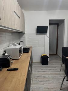a kitchen with a counter with a microwave on it at Central Apartment KM 0 in Craiova +4 photos