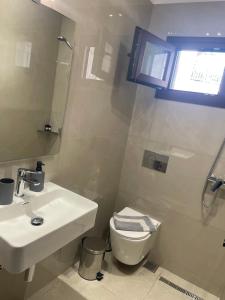 a bathroom with a sink and a toilet and a mirror at SENSIMAR Rooms To Let in Ouranoupoli
