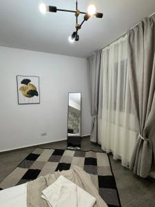 克拉约瓦Petra's的一间卧室配有吊扇和镜子 更多5张照片