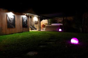 a backyard with purple lights in the grass at night at Love Room Fire Sens in Breurey-lès-Faverney
