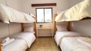 two bunk beds in a room with a window at Sundy Beach Seaview 2BDR Larnaka Dhekelia in Larnaca
