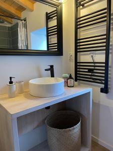 une salle de bains avec un lavabo et un miroir dans l'établissement Petite maison au centre de Mirepoix, à Mirepoix 5 autres photos