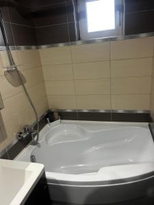 een badkuip in een badkamer met een raam bij DAVID Residence in Cavnic