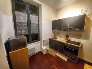 a small kitchen with a sink and a window at Le nid de la ferme du plan in Froges