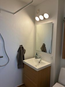 a bathroom with a sink and a mirror at Villashea in Skanderborg