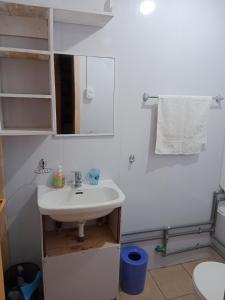 a bathroom with a sink and a mirror at Rústica Futaleufú in Futaleufú +16 photos