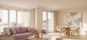 een woonkamer met een paarse bank en een tafel bij Lilac Apart 1 Antalya in Antalya