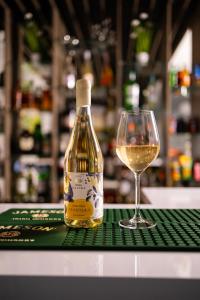 a bottle of white wine next to a glass at Jurajski Kryształ in Zaborze