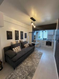 a living room with a couch and a kitchen at Apartament Nedianu in Craiova