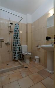 ein Badezimmer mit Toilette, Waschbecken und Dusche in der Unterkunft Kamarina Apartments in Peroulades + 20 Fotos