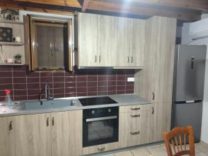 a kitchen with wooden cabinets and a sink and a refrigerator at Το σπιτάκι in Mantamádos