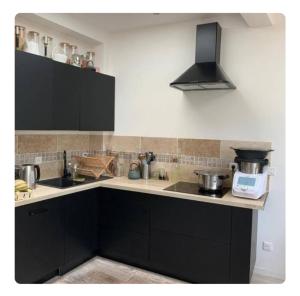 a kitchen with black cabinets and a sink at Maison entre tour Eiffel et château de Versailles in Sèvres