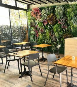 a restaurant with tables and chairs and plants on the wall at Hotel SPHENDON in Istanbul