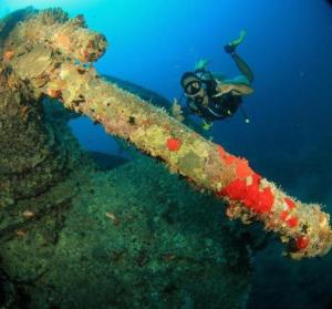 Una persona está bajo el agua junto a un naufragio. en Executive Suites By Aida Sharm El-Sheikh, en Sharm El Sheikh