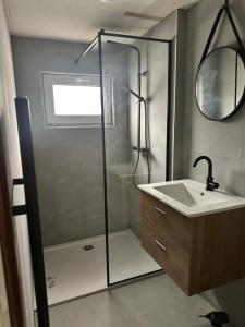 a bathroom with a shower and a sink at Woonboot De Witte loosdrechtse plassen in Loosdrecht +49 photos