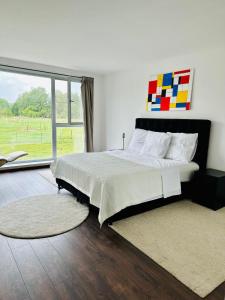 ein Schlafzimmer mit einem Bett und einem großen Fenster in der Unterkunft Dukes View -explore Haspengouw & surrounding towns in Zoutleeuw + 54 Fotos