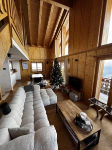 a living room with a large couch and a christmas tree at Chalet Asphodel in Plan Fey