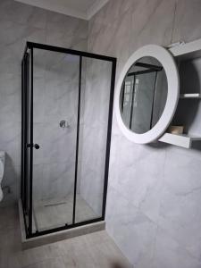 eine Dusche mit Glastür und Spiegel in der Unterkunft Cosy Cottage Apartments ,Area L in Francistown