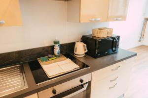 a kitchen with a microwave and a counter top at Appartement lumineux et calme sur la Route des vins in Guebwiller +9 photos
