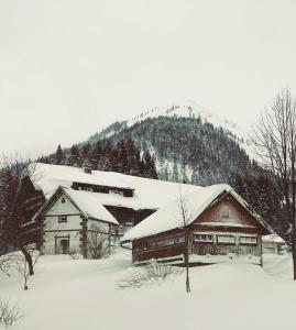 a building covered in snow with a mountain in the background at Farmhouse- Bed and Breakfast Kösslergut in Zederhaus