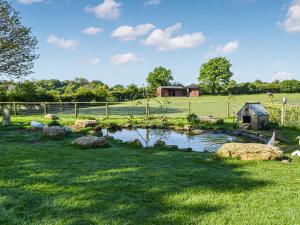 a pond in the middle of a field with animals in it at Shepherds Hut - Ukc6774 in Llanallgo