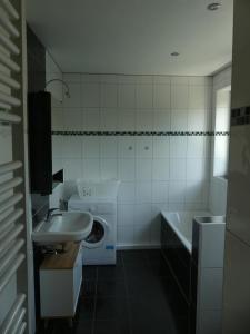 a bathroom with a sink and a washing machine at Monteurwohnung in ruhiger Lage in Spechtholzhock