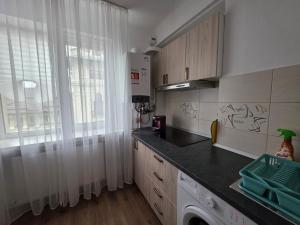 a kitchen with a counter and a window and a sink at Crăciun în Centrul Craiovei in Craiova
