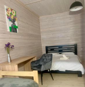 a bedroom with a bed and a desk and a chair at Еко апартаменти DOM Art in Ovruch