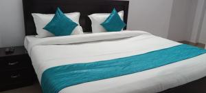 Vishal guest House ayodhya في Ayodhya: سرير ووسادتين زرقاوين عليه