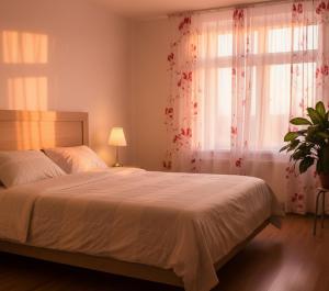 a bedroom with a bed and a window with a plant at Balkan Apart in Hasköy