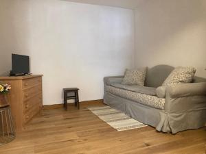 a living room with a couch and a tv at Casa Borgovillanuova in Laggio