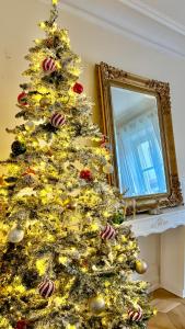 Ein mit Schmuck behängter Weihnachtsbaum neben einem Spiegel in der Unterkunft La Villa Alma Colmar in Colmar
