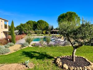 a garden with a tree and a swimming pool at Le Clos de L'Oliveraie - Appartements de charme avec piscine proche d'Uzès in Sagriès