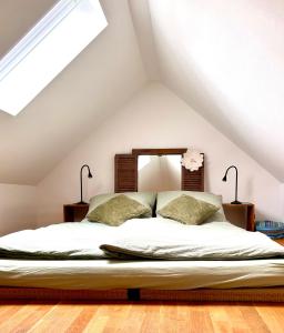 a bedroom with a large bed in the attic at Ferienwohnung am Kräutergarten im Hunsrück 
