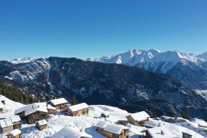 a group of cabins on top of a snow covered mountain at Chalet Abendruh Belalp in Naters